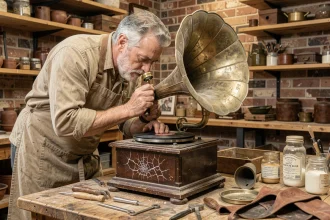 Artisan restaurateur examinant un gramophone ancien avec une loupe dans un atelier de restauration vintage