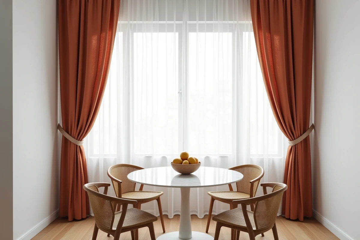 Rideaux en lin terracotta superposés à un voilage gris dans une salle à manger moderne aux murs blancs