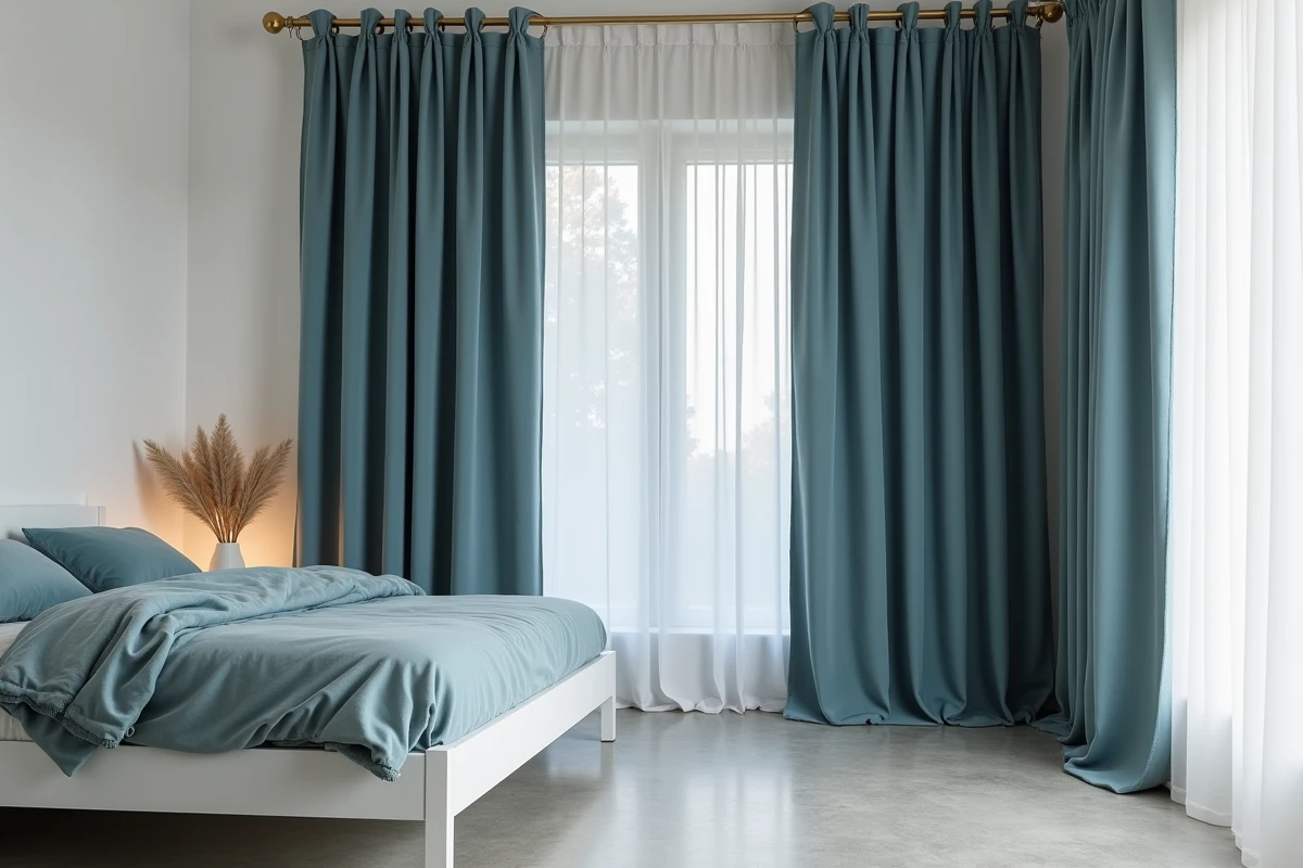 Rideaux en velours bleu nuit dans une chambre aux murs blancs avec parquet béton gris et tête de lit blanche