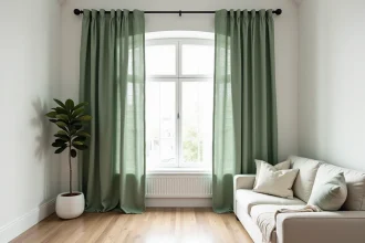Rideaux en lin vert sauge dans un salon scandinave aux murs blancs avec parquet en chêne clair