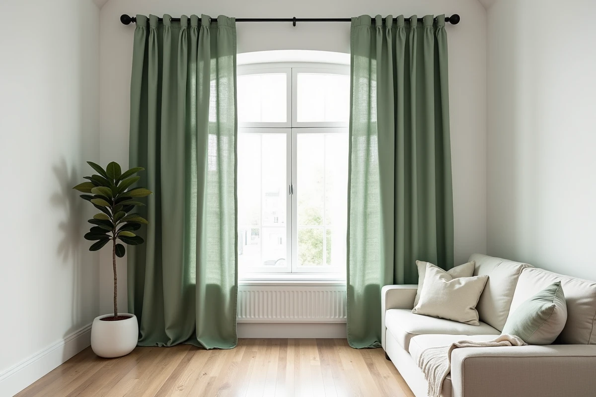 Rideaux en lin vert sauge dans un salon scandinave aux murs blancs avec parquet en chêne clair