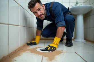 Plombier inspectant un siphon de sol avec du sable sorti par le refoulement dans une salle de bain ancienne