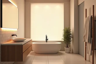 Salle de bain sans fenêtre éclairée par un panneau rétroéclairé et des miroirs avec bordures LED intégrées