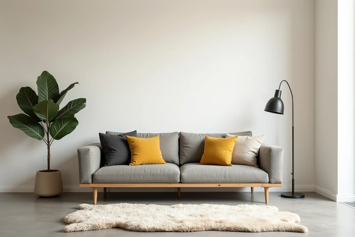 Salon scandinave minimaliste peint en blanc cassé avec canapé en chêne et tapis en laine