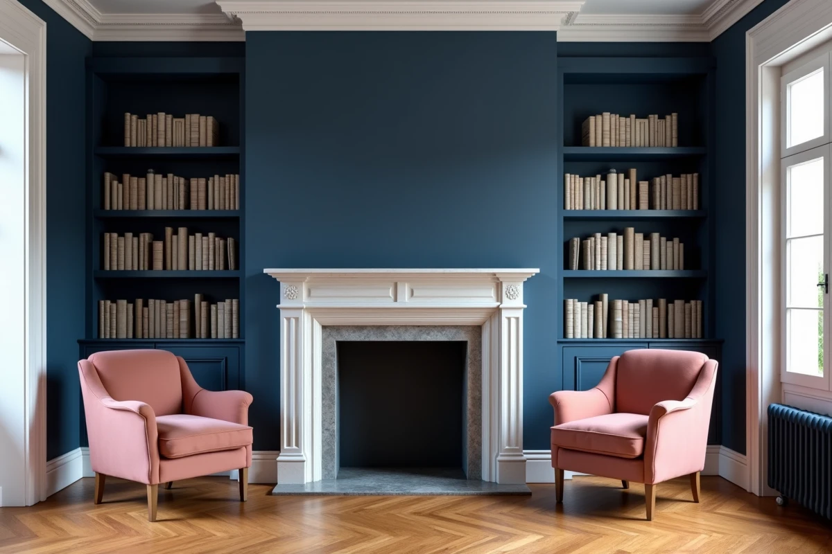 Salon haussmannien avec murs bleu marine, moulures blanches et parquet chêne miel