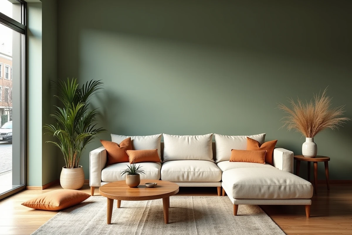Salon contemporain peint en vert sauge avec canapé en lin ivoire et coussins terracotta