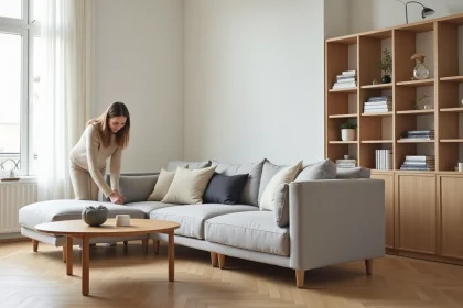 Femme arrangeant des coussins dans un salon moderne avec canapé gris et meuble TV en bois style BUT