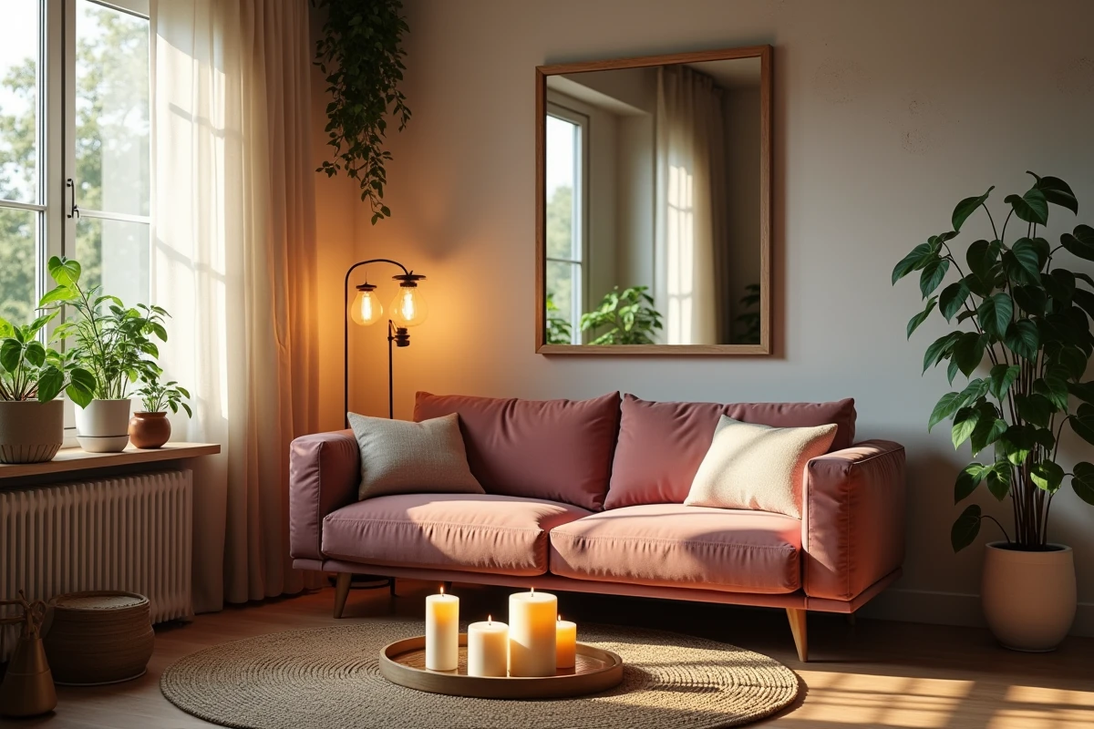 Salon sans fenêtre rendu lumineux grâce à un grand miroir, des bougies et une lampe sur pied à abat-jour en lin