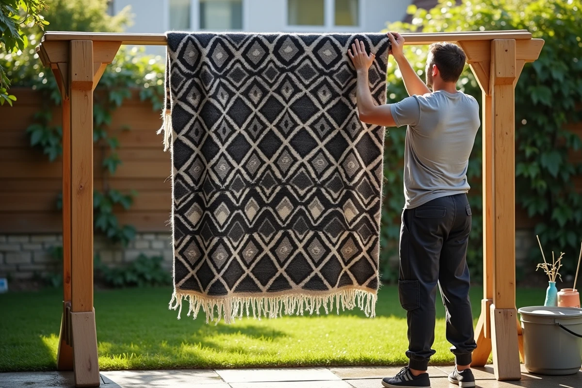 Homme étendant un tapis marocain Beni Ourain mouillé sur un séchoir en bois dans un jardin après lavage