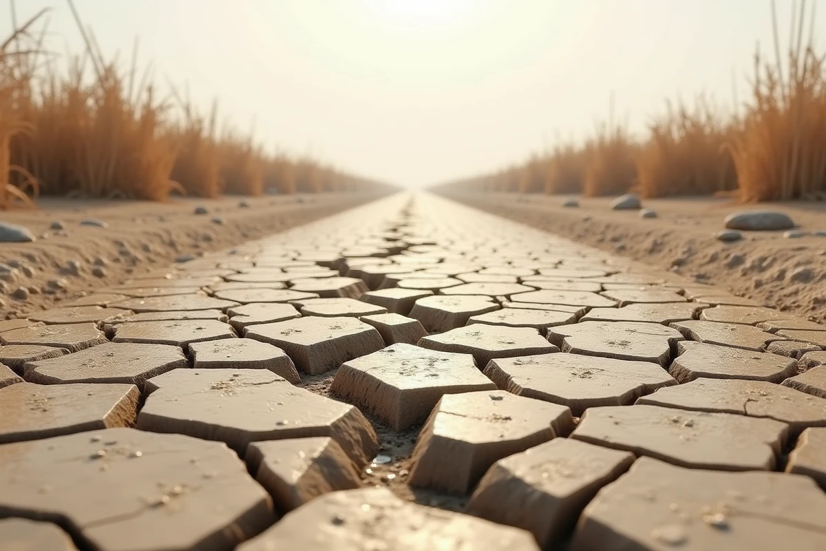 Delta fluvial asséché avec des fissures dans la boue révélant l'impact de la sécheresse climatique sur le paysage naturel