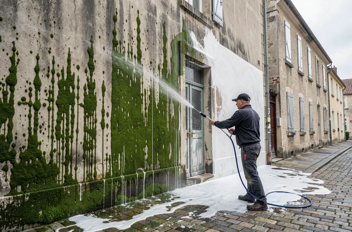 Technicien de Services 60 nettoyant au karcher une façade recouverte d'algues avant ravalement dans l'Oise