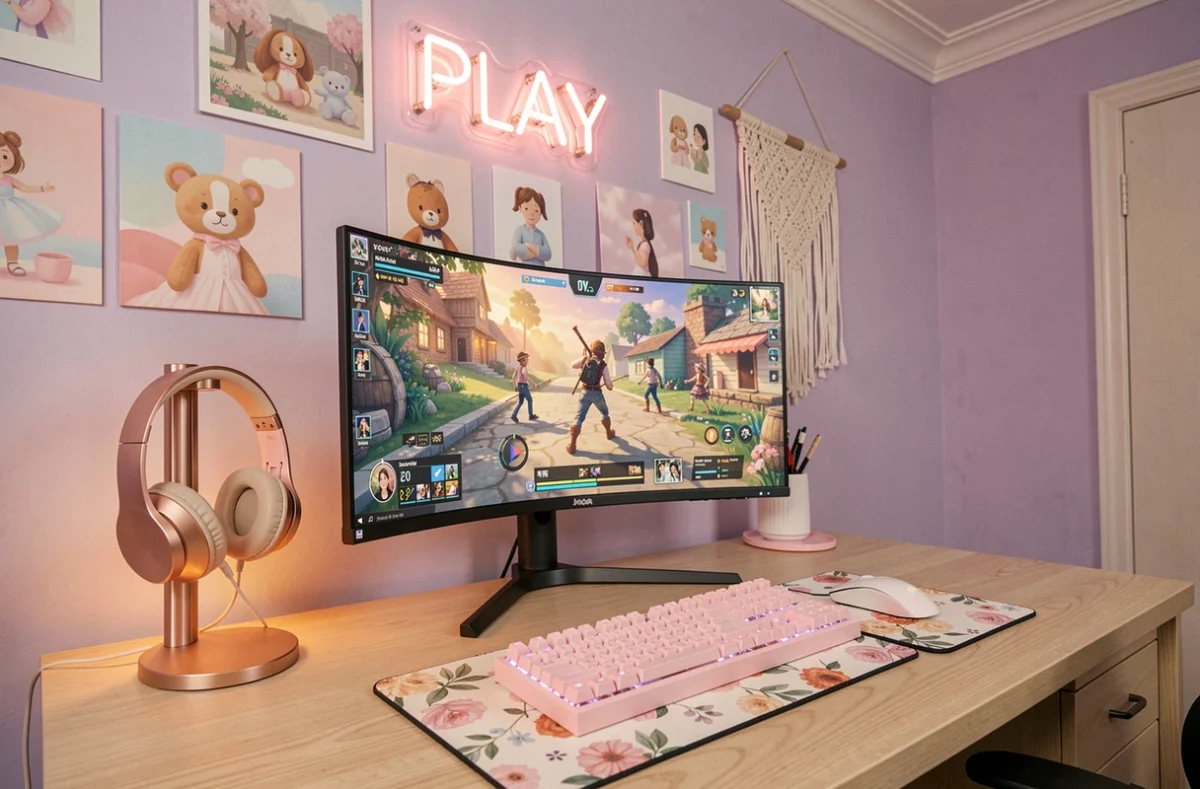 Setup gaming fille avec clavier rose pastel, écran courbe et décoration murale esthétique dans une chambre ado