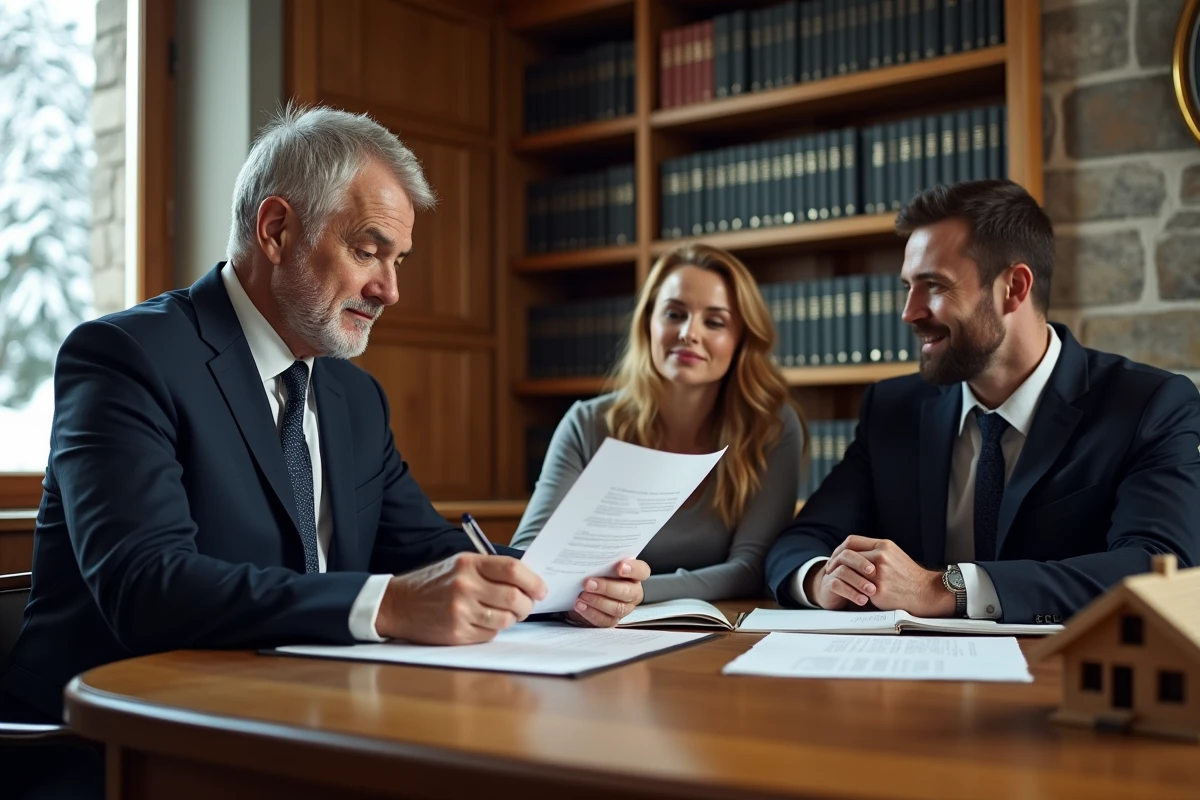 Notaire et couple signant l'acte d'achat d'un chalet en construction sur plan dans un office notarial alpin