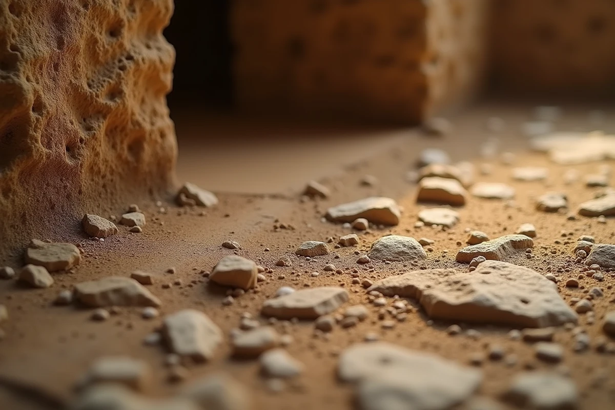 Gros plan sur un sol en terre battue compactée dans un sous-sol traditionnel avec mur en pierre