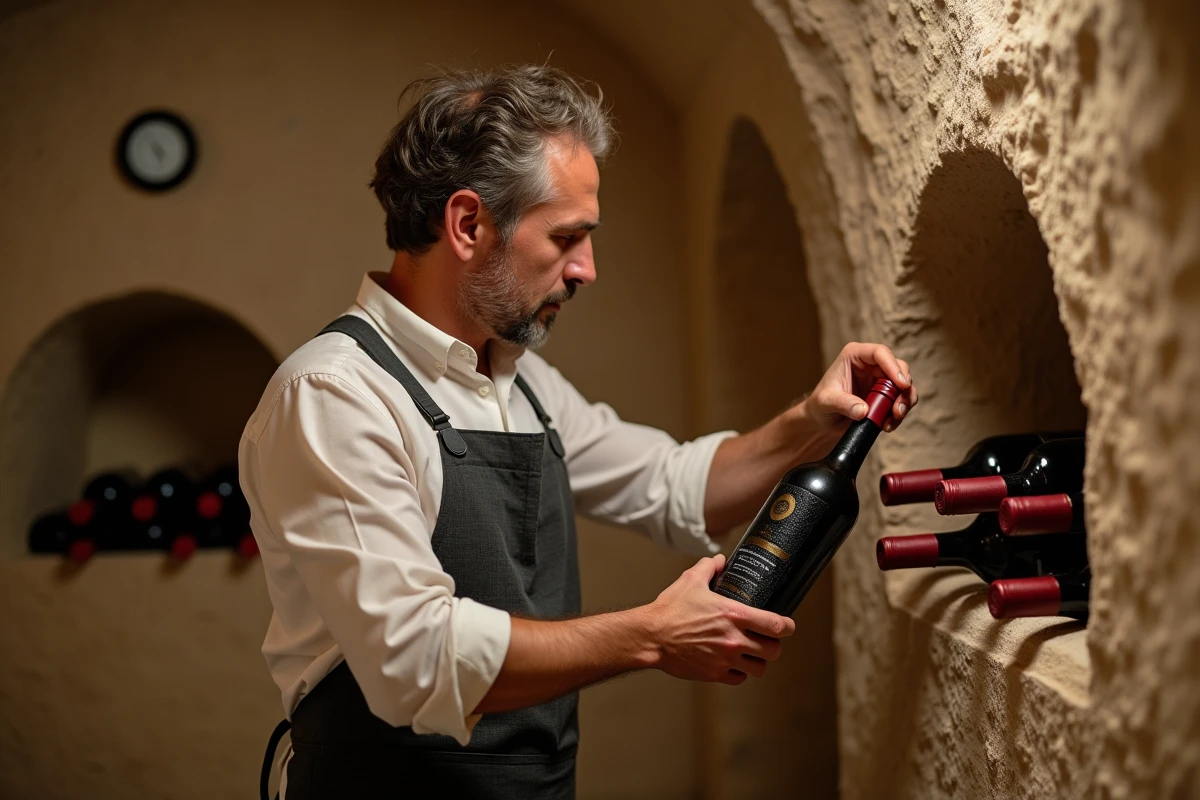 Sommelier inspectant une bouteille de vin rouge dans une cave souterraine creusée dans la roche crayeuse