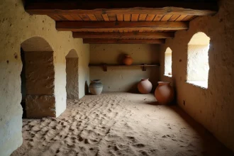 Sous-sol en terre battue avec sol en terre compactée et murs en pierres apparentes dans une cave ancienne