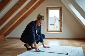 Architecte mesurant la surface habitable d'une pièce sous combles avec une règle métrique, plans au sol