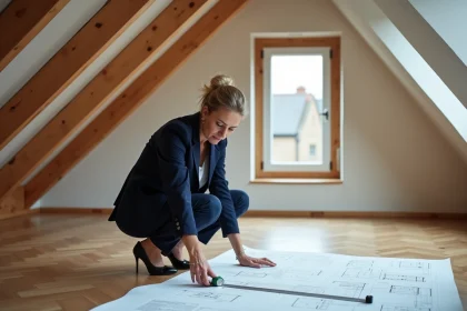Architecte mesurant la surface habitable d'une pièce sous combles avec une règle métrique, plans au sol