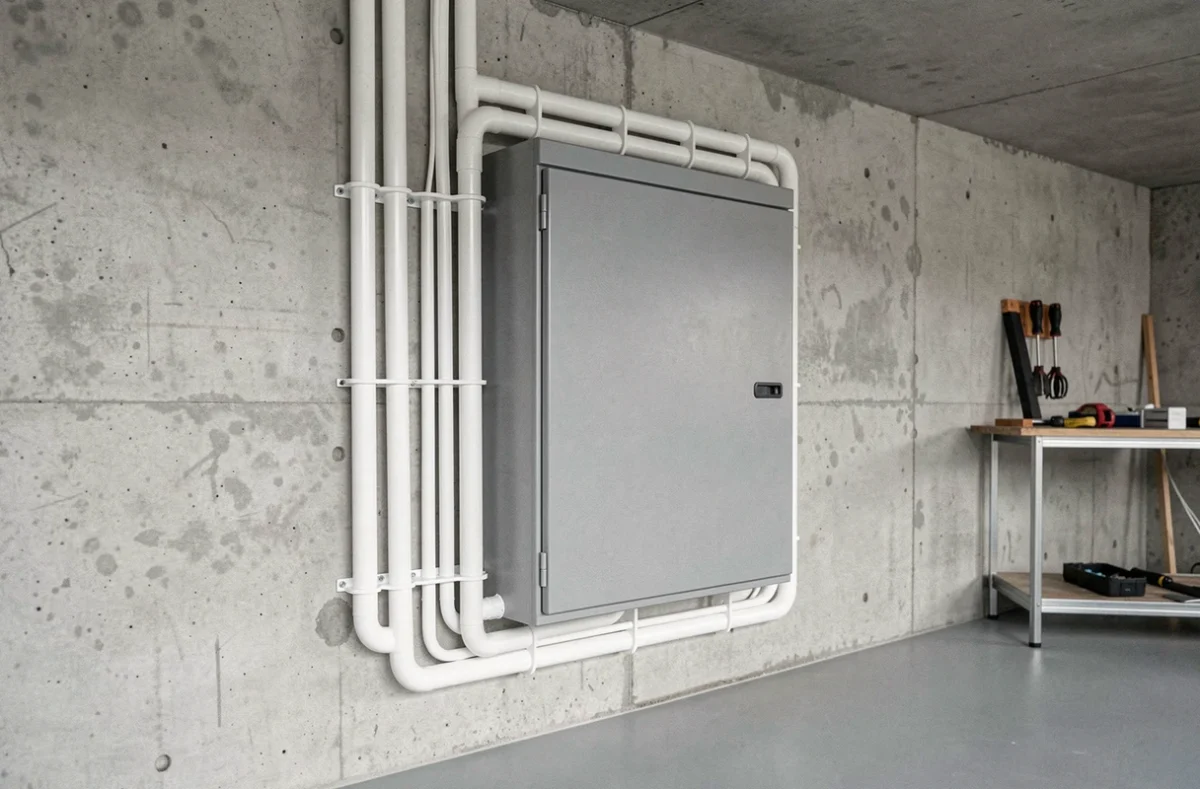 Tableau électrique résidentiel avec goulottes PVC bien installées dans un garage propre et rangé