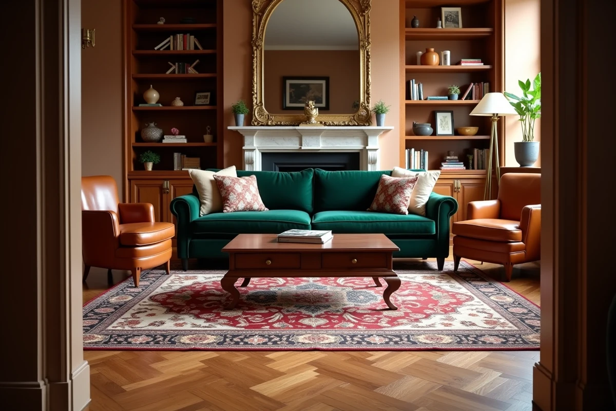 Salon traditionnel avec tapis persan positionné sous la table basse entre canapé velours et fauteuils en cuir