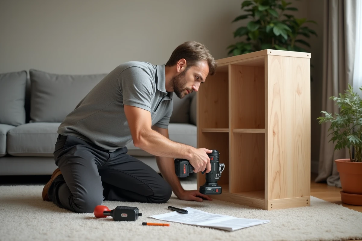 Technicien en train d'assembler un meuble en bois dans un salon moderne lors d'une prestation d'installation à domicile