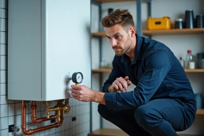 Technicien inspectant une chaudière à condensation murale dans une chaufferie moderne