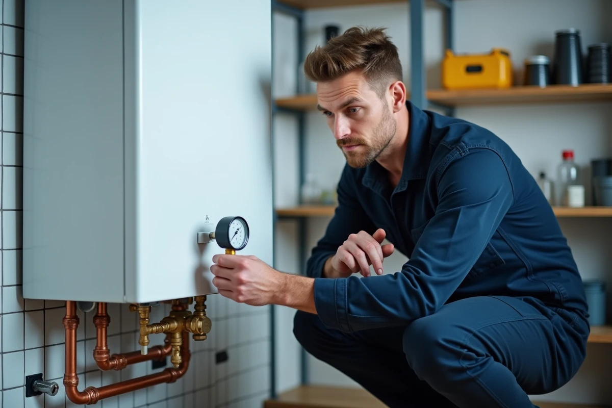 Technicien inspectant une chaudière à condensation murale dans une chaufferie moderne