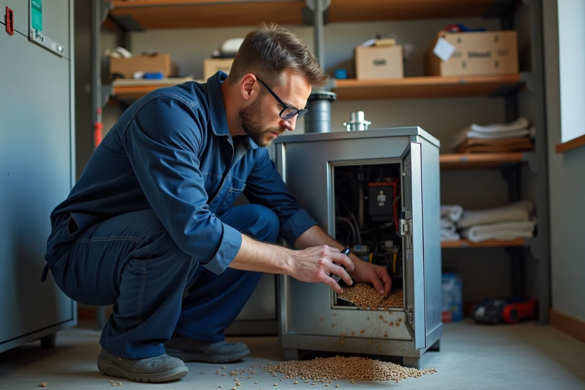 Technicien chauffagiste inspectant une chaudière à granulés de bois dans une chaufferie domestique