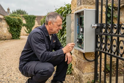 Technicien en train d'inspecter la carte électronique d'un portail électrique automatique sur pilier en pierre