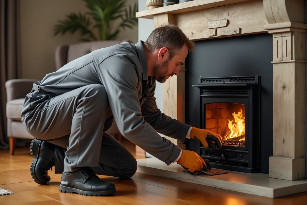 Technicien inspectant un insert de cheminée à gaz pouvant émettre du monoxyde de carbone