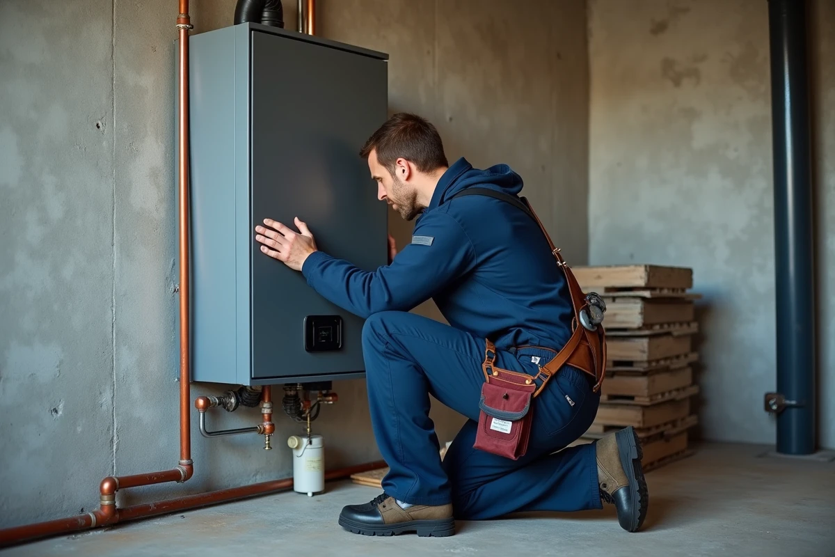 Technicien installant une chaudière à granulés de bois dans une chaufferie résidentielle