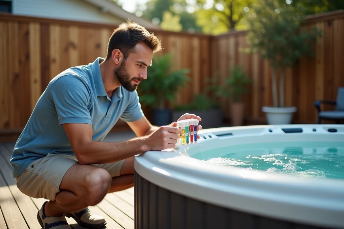 Homme testant la qualité de l'eau d'un spa avec un kit d'analyse pour maintenir une eau claire et saine