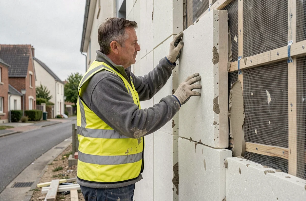Spécialiste de THERMI'LOGIS posant un système d'isolation thermique par l'extérieur sur une façade résidentielle en Ille-et-Vilaine
