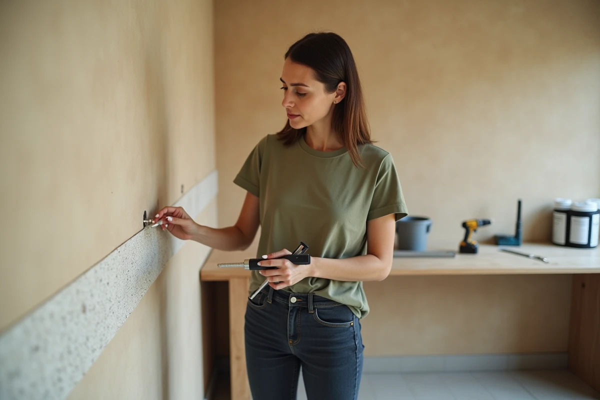 Femme réalisant un traitement anti-humidité par injection de crème hydrofuge dans les murs d'une maison pour stopper les remontées capillaires
