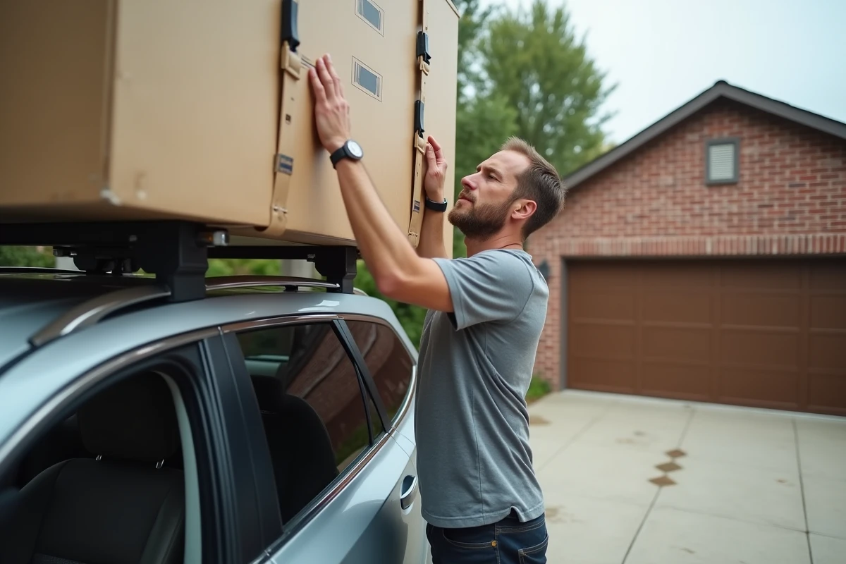 Homme attachant un grand meuble encombrant sur le toit de son SUV avec des sangles d'arrimage