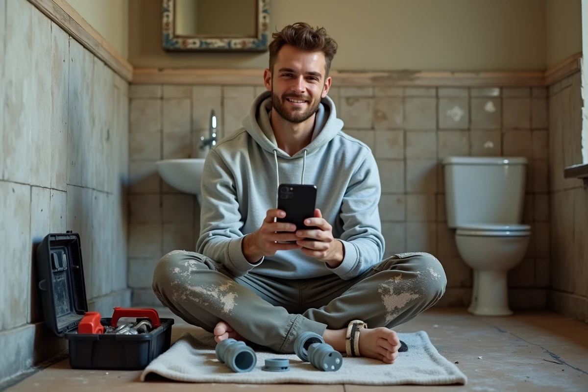 Jeune homme consultant un tutoriel de plomberie sur smartphone pendant des travaux de rénovation de salle de bain