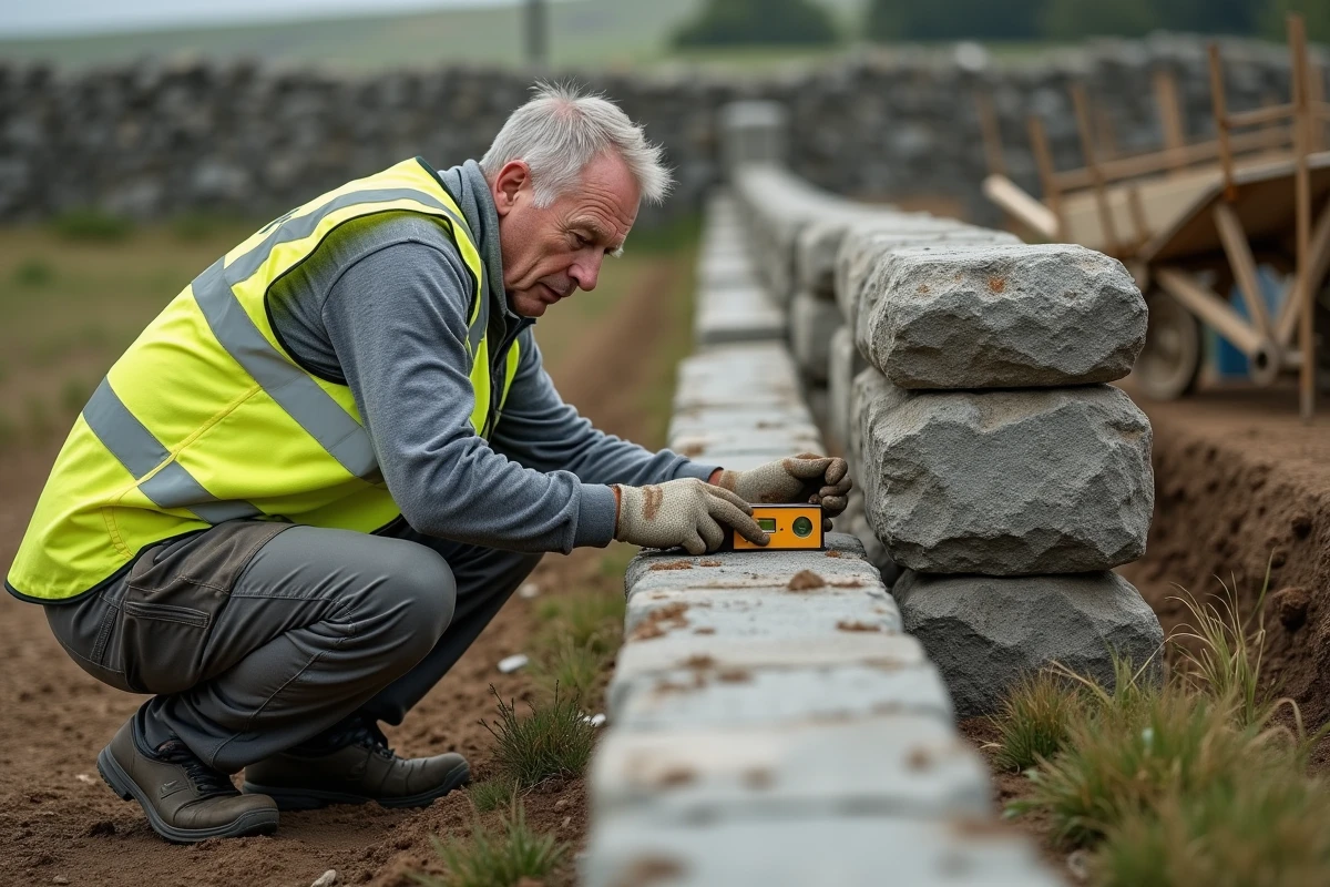 Contremaître vérifiant l'aplomb d'un pilier en granit sur fondation de mur de clôture en milieu rural
