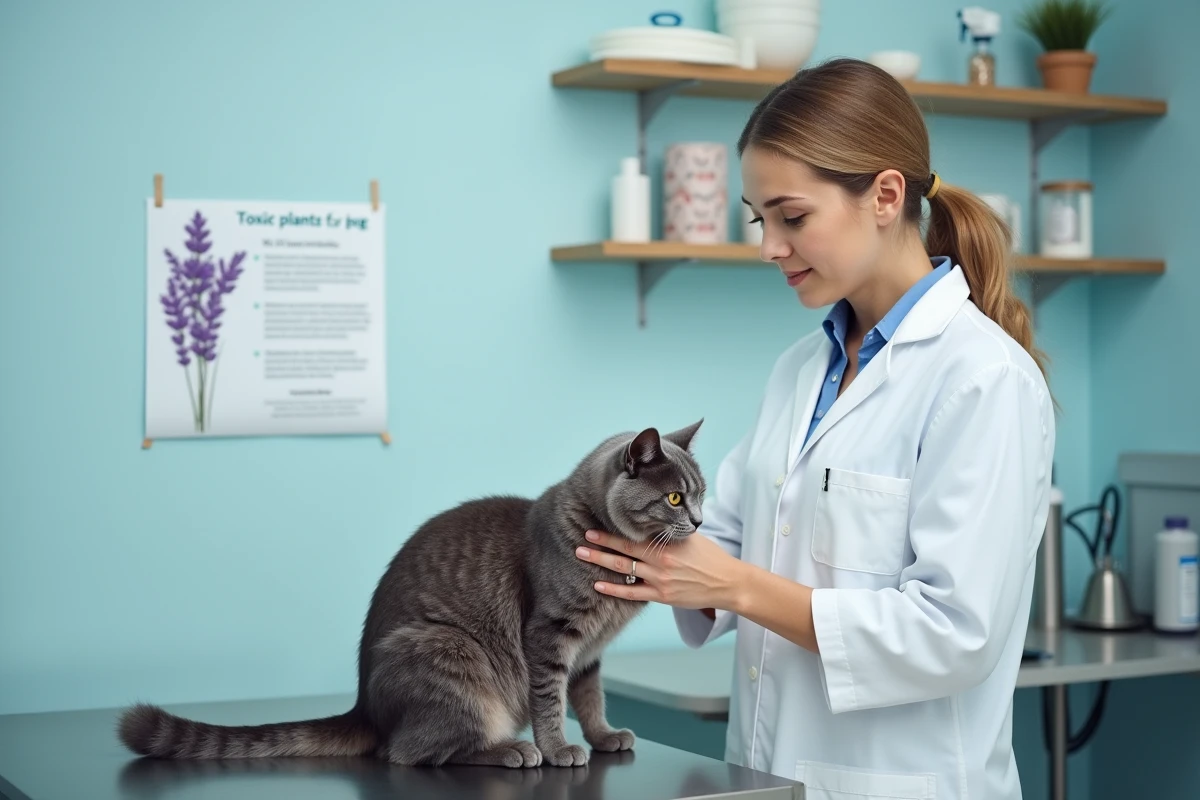 Vétérinaire examinant un chat British Shorthair en clinique, avec une affiche sur les plantes toxiques pour chats visible en arrière-plan