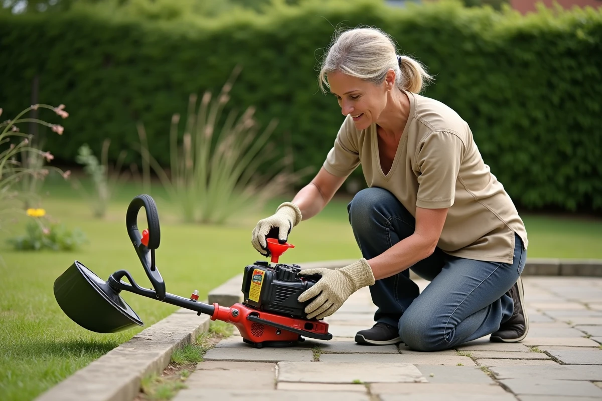 Femme effectuant la vidange d'huile d'une débroussailleuse dans un jardin en plein air avec entonnoir