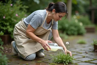Femme versant du vinaigre blanc sur une mauvaise herbe entre des pavés de jardin
