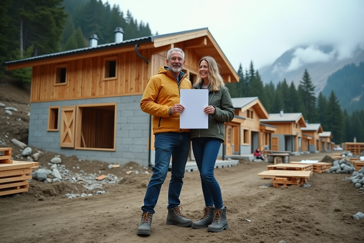 Couple visitant un chantier de construction de chalet en montagne avec contrat d'achat sur plan en main