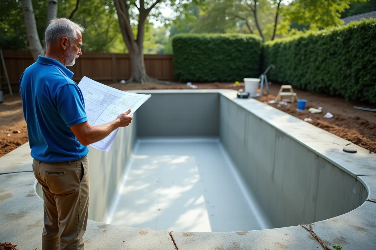 Vue d'ensemble d'une piscine résidentielle en béton en cours de construction avec un ingénieur consultant des plans techniques