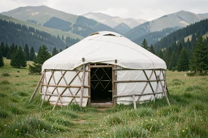 Yourte écologique traditionnelle installée dans une prairie verdoyante avec structure en bois et toile naturelle