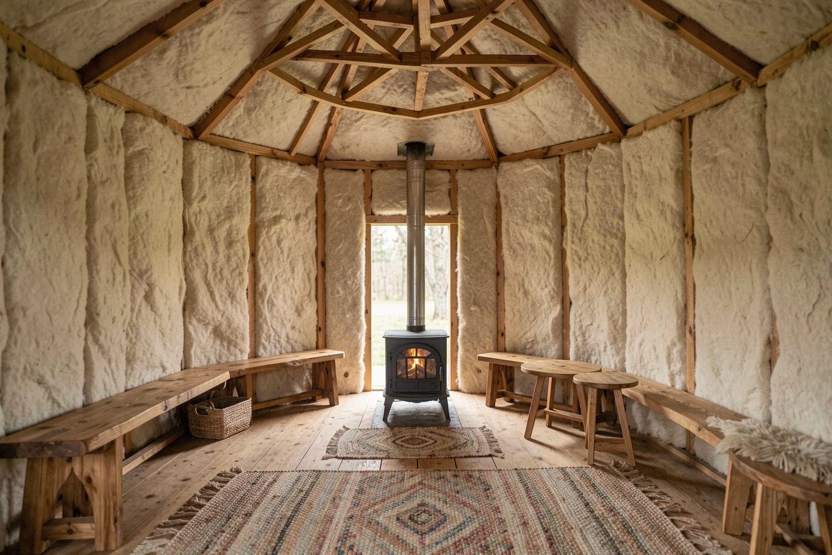 Intérieur douillet d'une yourte avec isolation en feutre de laine, poêle à bois et décoration artisanale